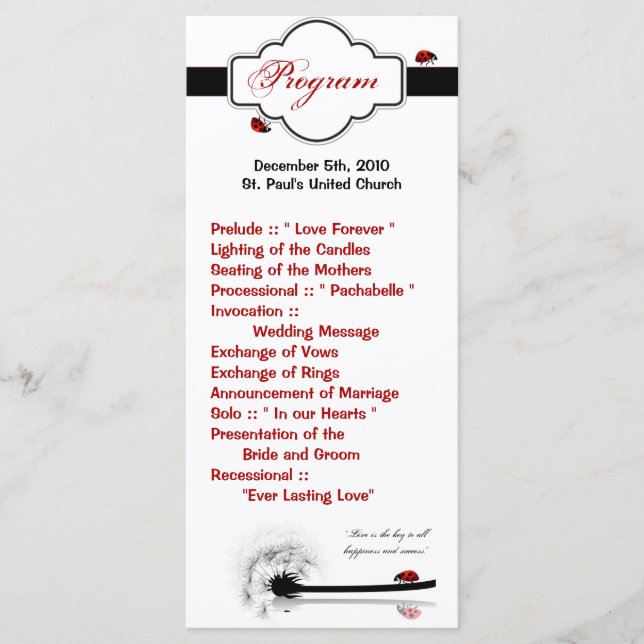 25 4x9 Wedding Program Lady Bug Dandilion Flower Programme (Front)