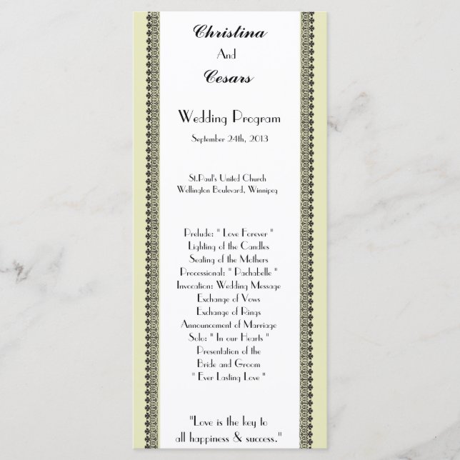 25 4x9 Wedding Program Light Green/Grey Formal Wed Programme (Front)