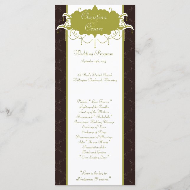 25 4x9 Wedding Program Light/Olive Green Chandelie Programme (Front)