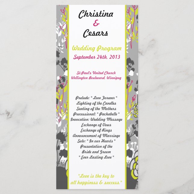 25 4x9 Wedding Program Lime Green/Hot Pink Flower Programme (Front)