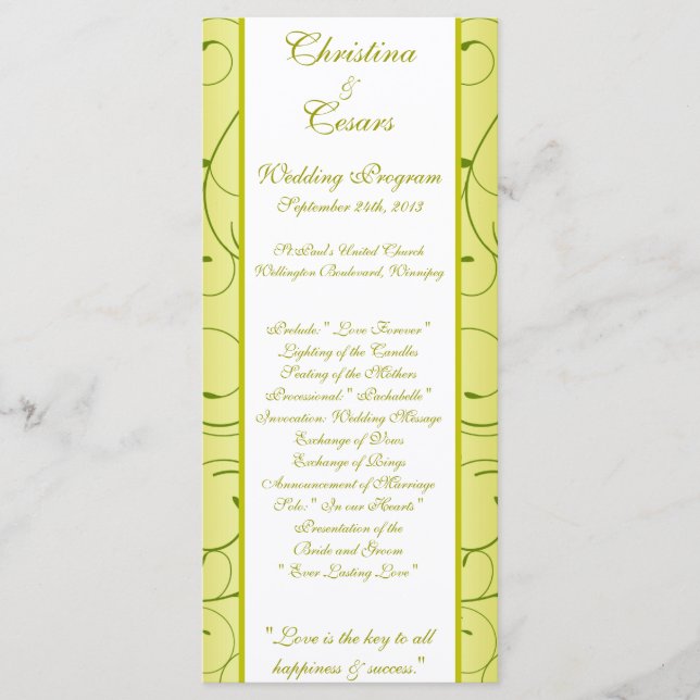25 4x9 Wedding Program Lime Green Pear Swirls Programme (Front)