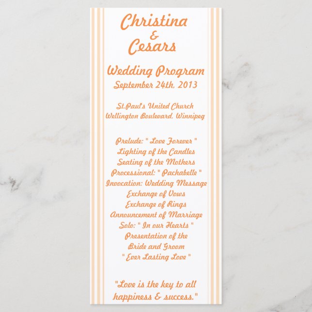 25 4x9 Wedding Program Love Birds Peach Stripes Programme (Front)