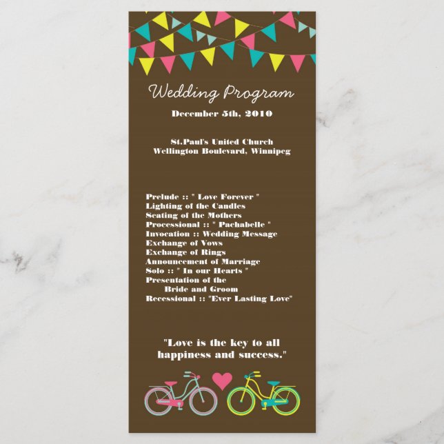 25 4x9 Wedding Program Love Lovers Bikes Bicycle Programme (Front)