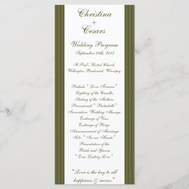 25 4x9 Wedding Program Martini Olives Green Stripe Programme (Front)