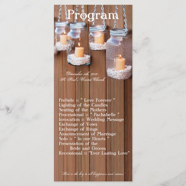 25 4x9 Wedding Program Mason Jar Candle Lights Programme (Front)