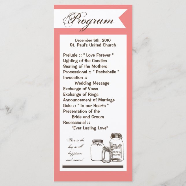 25 4x9 Wedding Program Mason Jar Country Rustic Programme (Front)