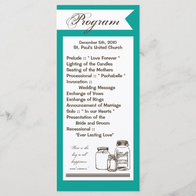 25 4x9 Wedding Program Mason Jar Country Rustic Programme (Front)