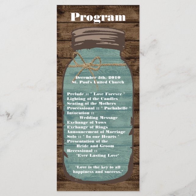 25 4x9 Wedding Program Mason Jar Wood Country Programme (Front)