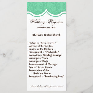 25 4x9 Wedding Program Mint Gree White Damask Lace Programme