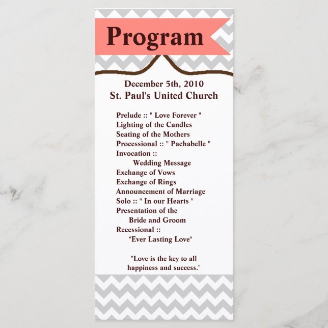 25 4x9 Wedding Program Modern Chevron Stripe Coral Programme (Front)