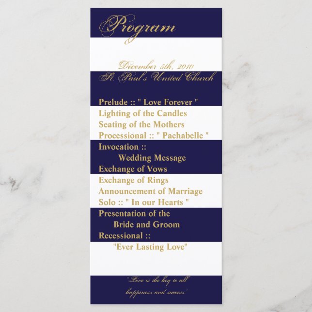 25 4x9 Wedding Program Modern Stripe Navy White Programme (Front)