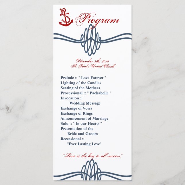 25 4x9 Wedding Program Navy Nautical Knot Anchor Programme (Front)