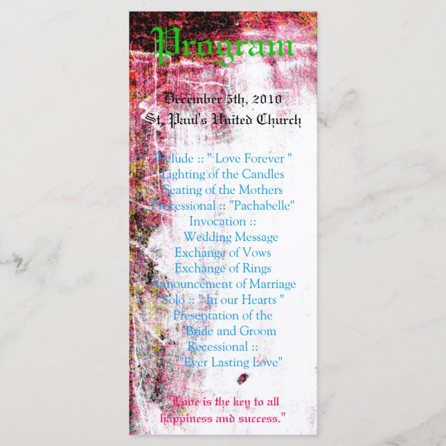 25 4x9 Wedding Program Neon Grunge Scratch Colour Programme (Front)