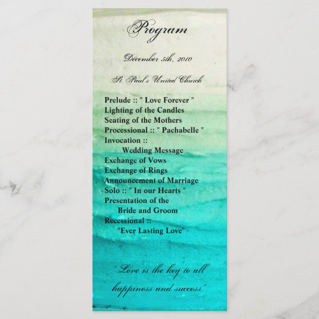 25 4x9 Wedding Program Ombre Blue Frosting Programme (Front)