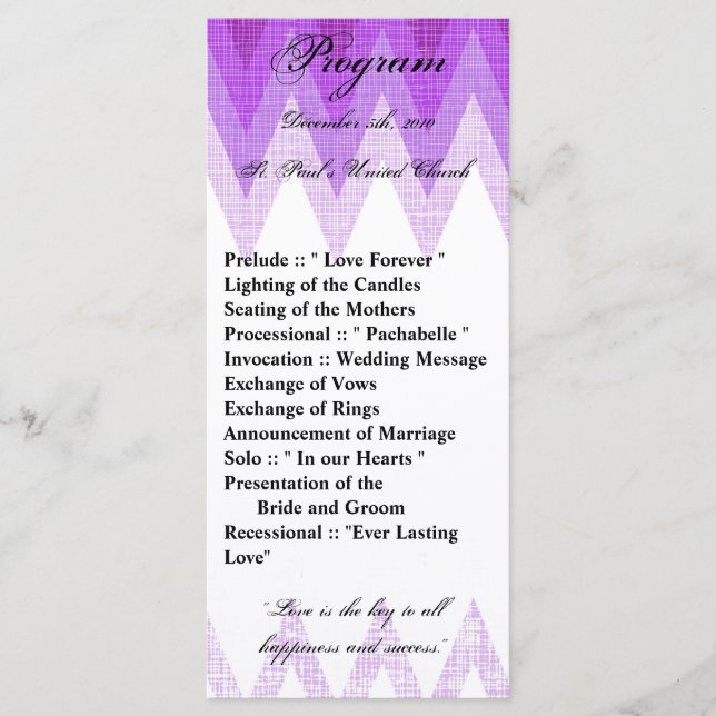 25 4x9 Wedding Program Ombre Purple Chevron Programme (Front)