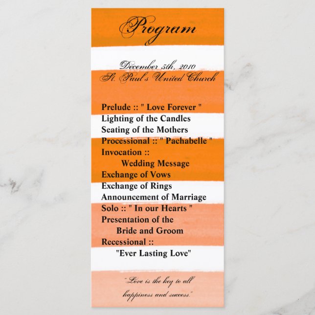 25 4x9 Wedding Program Ombre Stripe Orane Line Fad Programme (Front)