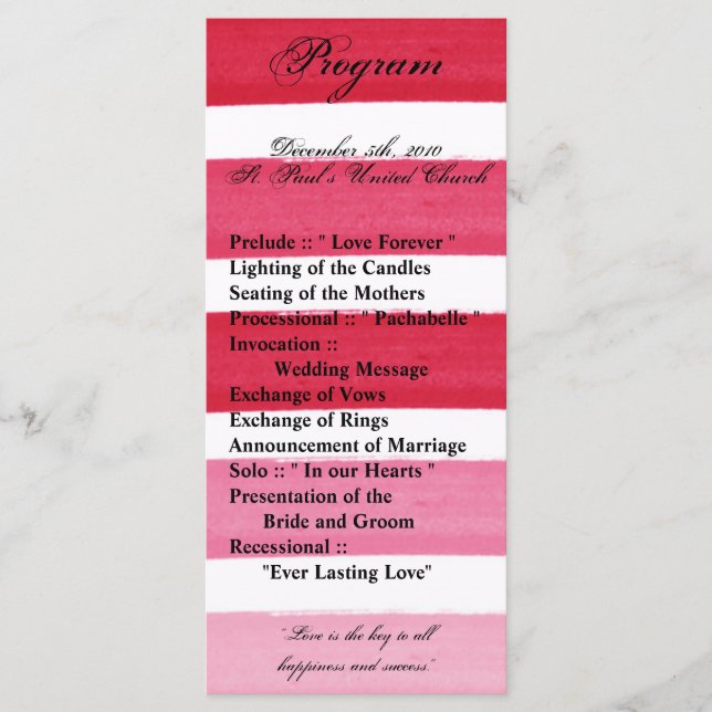 25 4x9 Wedding Program Ombre Stripe Pink Line Fade Programme (Front)