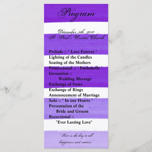 25 4x9 Wedding Program Ombre Stripe Purple Line Programme (Front)