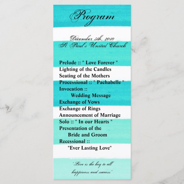 25 4x9 Wedding Program Ombre Stripe Teal Line Programme (Front)