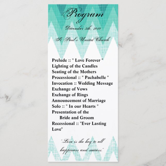25 4x9 Wedding Program Ombre Teal Chevron Programme (Front)