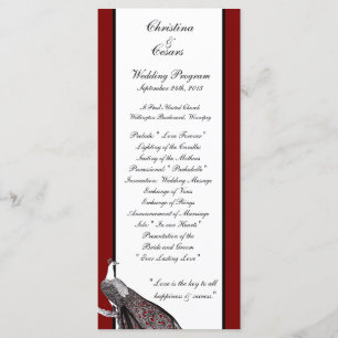 25 4x9 Wedding Program Peacock Red Black White Programme