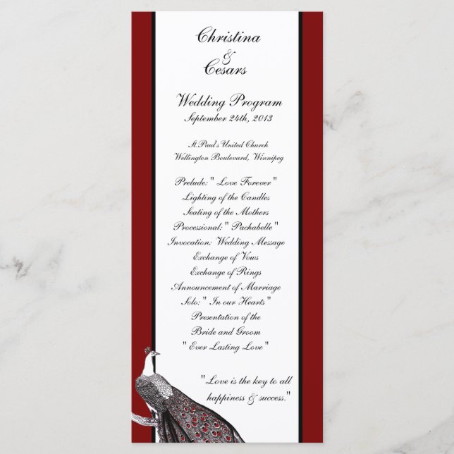 25 4x9 Wedding Program Peacock Red Black White Programme (Front)