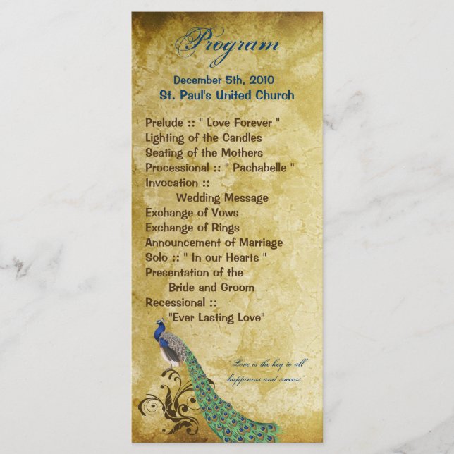 25 4x9 Wedding Program Peacock Vintage Feathers Programme (Front)