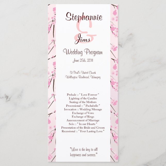 25 4x9 Wedding Program Pink Cherry Blossom Programme (Front)