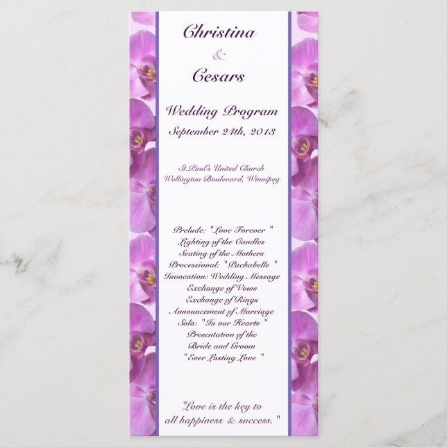 25 4x9 Wedding Program Purple Orchids on Stem Programme (Front)