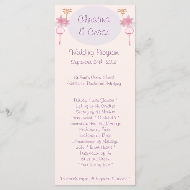25 4x9 Wedding Program Purple Pink Lantern/Flowers Programme (Front)