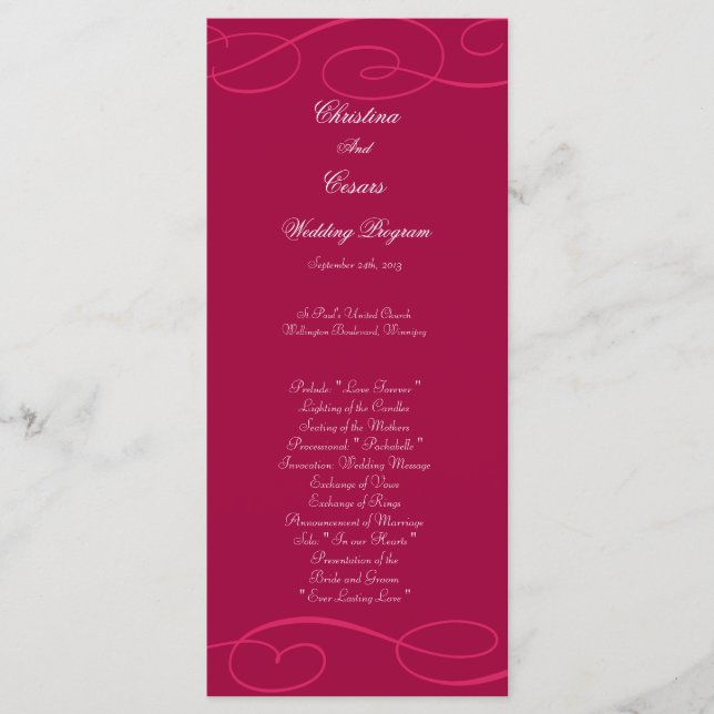 25 4x9 Wedding Program Raspberry Pink Loops/Swirls Programme (Front)
