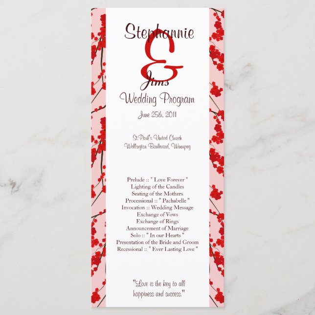 25 4x9 Wedding Program Red Cherry Blossom Programme (Front)