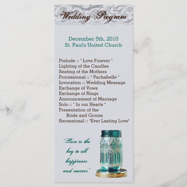 25 4x9 Wedding Program Rustic Country Mason Jar Programme (Front)