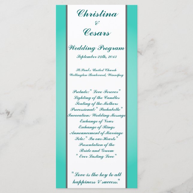 25 4x9 Wedding Program Seahorse Anchor Turquoise Programme (Front)