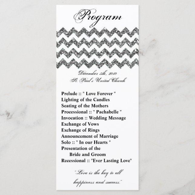 25 4x9 Wedding Program Silver Glitter Chevron Zig Programme (Front)