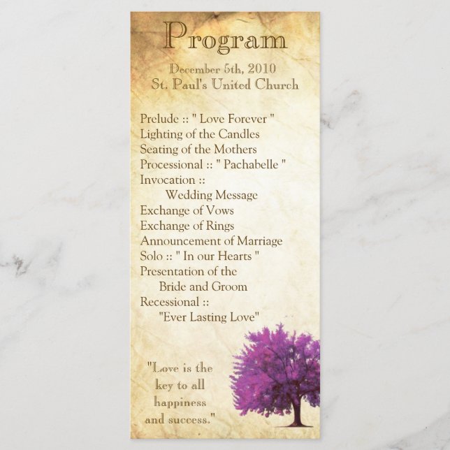 25 4x9 Wedding Program Spring Tree Aged Paper Vint Programme (Front)