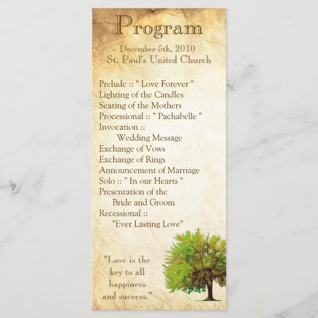 25 4x9 Wedding Program Spring Tree Aged Paper Vint Programme (Front)