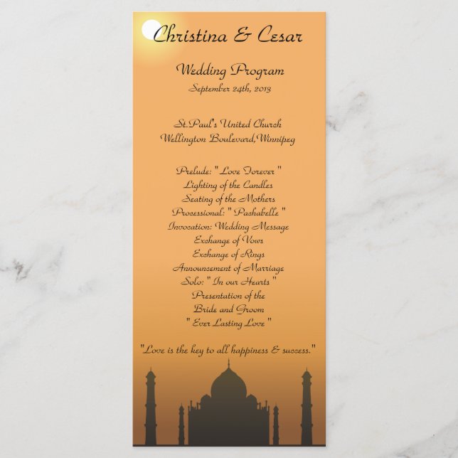 25 4x9 Wedding Program Taj Mahal Sunset Orange Yel Programme (Front)