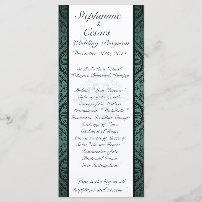 25 4x9 Wedding Program Teal Ornate Damask Programme (Front)