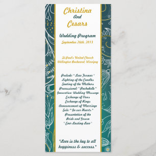 25 4x9 Wedding Program Teal/Yellow Mustard Floral Programme