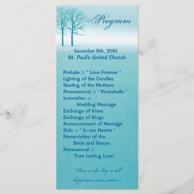 25 4x9 Wedding Program Two Winter Trees Snow Path Programme (Front)