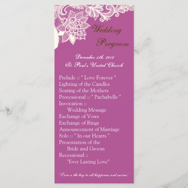 25 4x9 Wedding Program Vintage Victorian Lace Orch Programme (Front)