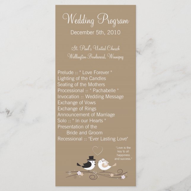 25 4x9 Wedding Program Wedding Birds Bride Groom Programme (Front)