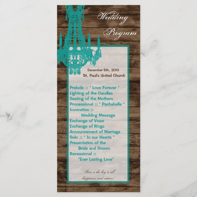 25 4x9 Wedding Program Western Rustic Chandelier Programme (Front)