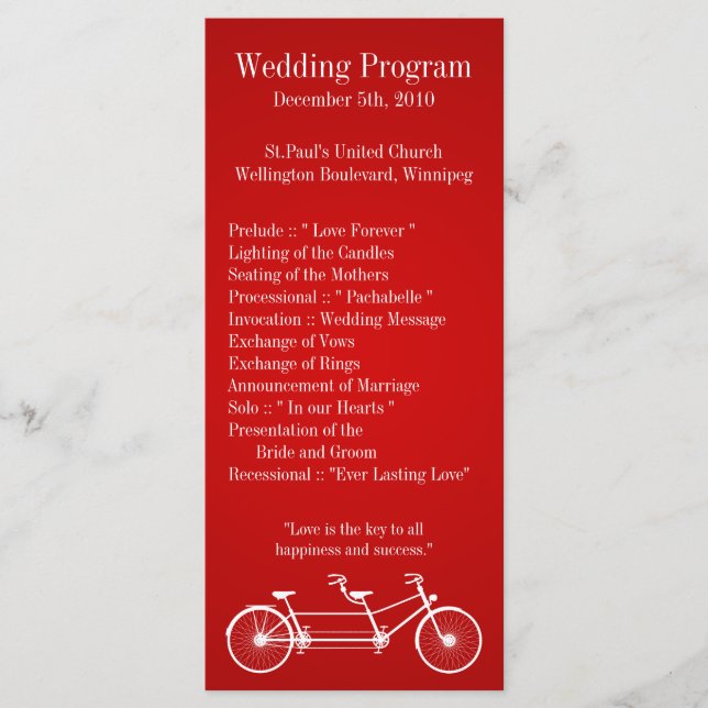 25 4x9 Wedding Program Whimsical Red Double Bike Programme (Front)
