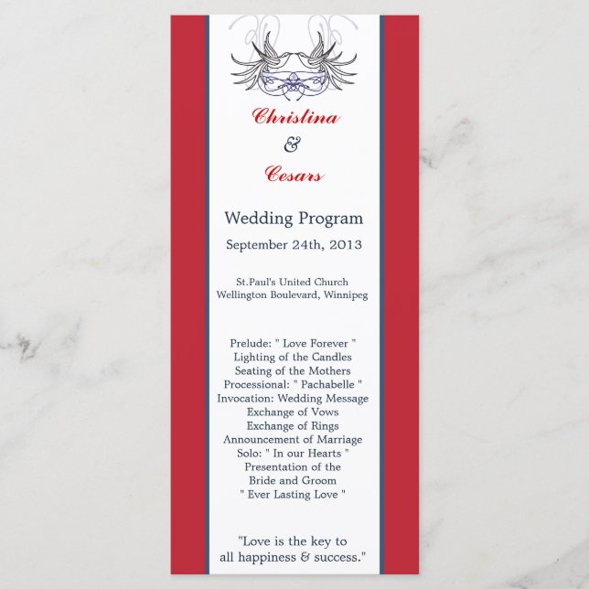 25 4x9 Wedding Program White Dove Red Blue BG Ribb Programme (Front)