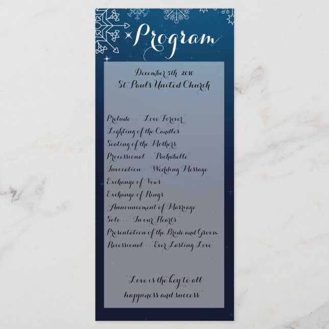 25 4x9 Wedding Program Winter Snowflakes Snow Ice Programme (Front)