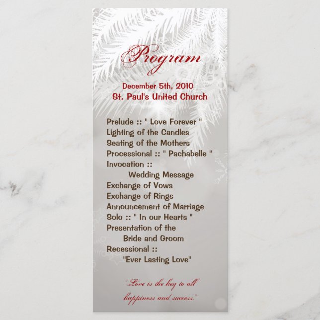 25 4x9 Wedding Program Winter White Pine Tree Need Programme (Front)