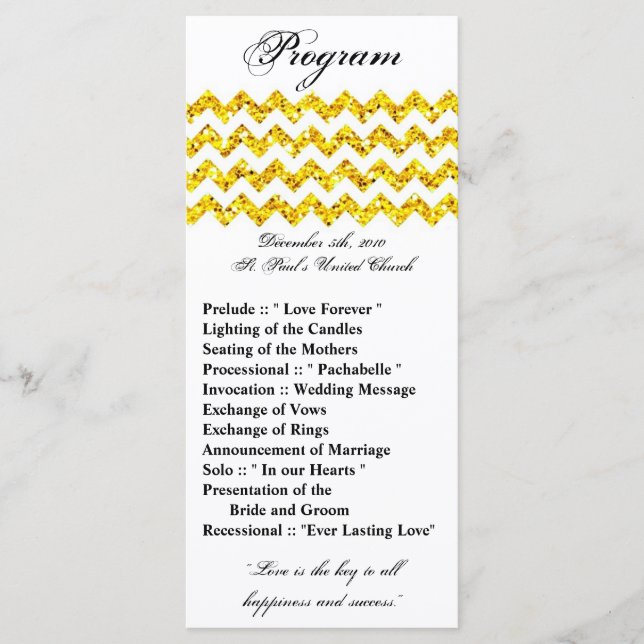 25 4x9 Wedding Program Yellow Glitter Chevron Zig Programme (Front)
