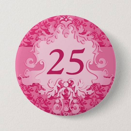 "25" age damask elephant pink button/badge 7.5 cm round badge